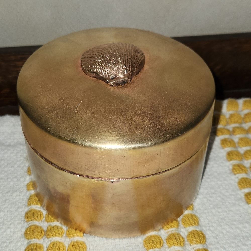 Vintage MCM Brass Trinket Box with Shell Accent